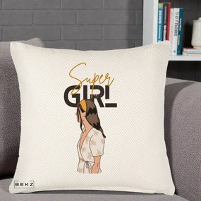 Perna Decorativa Super Girl Aesthetic, 40x40 cm, Crem Reliefat, Husa Detasabila, Perna Inclusa, BEKZ®