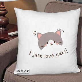 Perna Personalizata I Just Love Cats Pisica Kawaii, 40x40 cm, Alb Pufos, Husa Detasabila, Perna Inclusa, BEKZ®