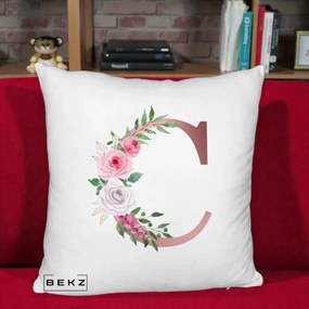 Cadou Personalizat - Perna Personalizata Monograma Rose Gold Litera C, 40x40 cm, Alb Pufos, Husa Detasabila, Perna Inclusa, BEKZ®