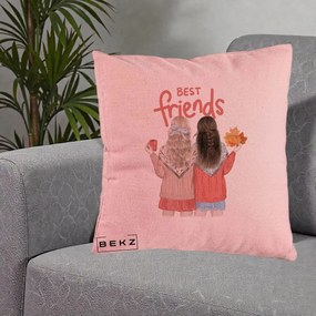 Cadou pentru Prieteni - Perna Personalizata Best Friends Toamna, 40x40 cm, Roz, Husa Detasabila, Perna Inclusa, BEKZ®