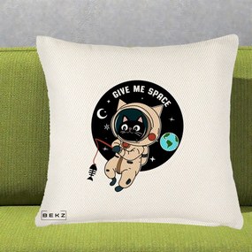 Perna Decorativa Give Me Space Pisica Astronaut, 40x40 cm, Crem Reliefat, Husa Detasabila, Perna Inclusa, BEKZ®