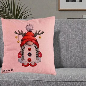 Perna Decorativa Pitic Gnom Craciun cu Coarne de Ren, 40x40 cm, Roz, Husa Detasabila, Perna Inclusa, BEKZ®
