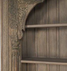 Bibliotecă sculptată din lemn masiv de teak, finisaj natural antichizat, 4 rafturi deschise, piesă unicat, 168×56×272 cm, „Dharma"