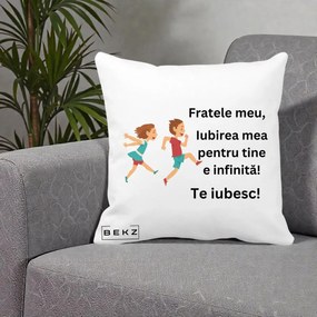 Cadou pentru Frate - Perna Personalizata Fratele Meu Te Iubesc Copii Alergand Colorat, 40x40 cm, Alba Mata, Husa Detasabila, Perna Inclusa, BEKZ®