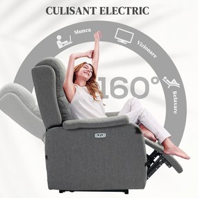 HOMCOM Fotoliu Electric cu Suport pentru Picioare și Priză USB, Fotoliu Rabatabil la 160°, 77x91x106 cm, Gri Deschis | Aosom Romania