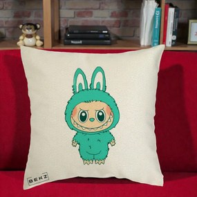 Perna Personalizata Labubu Turcoaz, 40x40 cm, Ecru, Husa Detasabila, Perna Inclusa, BEKZ®