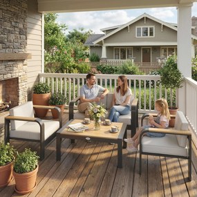 Outsunny Set mobilier grădină din aluminiu, grup de șezut pentru 4 persoane, rezistent la apă, extra-adânc, cu canapea 2 locuri, 2 fotolii, măsuță laterală | Aosom Romania