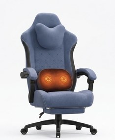 DOWINX Scaun gaming, ergonomic, Incalzire si Masaj cu Role in perna lombara, Șezut cu Arcuri Metalice și Spumă, rabatabil 90°-135°, Suport picioare, rezistent 150 kg, material textil, Albastru
