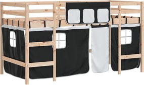 vidaXL Pat etajat de copii perdele, alb/negru 90x200 cm lemn masiv pin