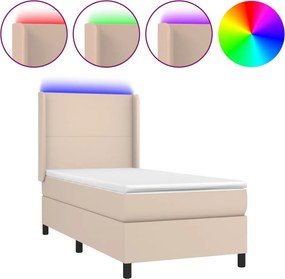 vidaXL Pat cu arcuri, cu saltea și LED, cappuccino 90x200 cm piele eco