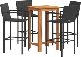 vidaXL Set bar de grădină 5 piese negru lemn masiv acacia și poliratan