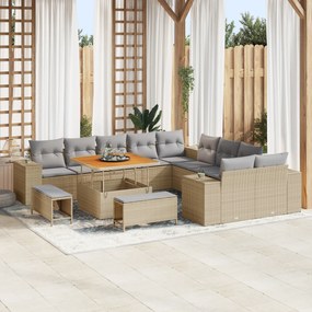 vidaXL Set de canapea pentru grădină , 13 piese, cu perne, bej, rattan din poliester, lemn de acacia