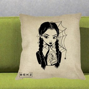 Perna Personalizata Wednesday cu Panza de Paianjen, 40x40 cm, Crem, Husa Detasabila, Perna Inclusa, BEKZ®