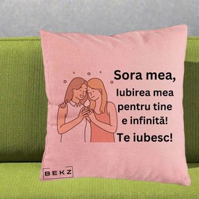 Cadou pentru Sora - Perna Personalizata Sora Mea Te Iubesc Imbratisare cu Sclipiri, 40x40 cm, Roz, Husa Detasabila, Perna Inclusa, BEKZ®