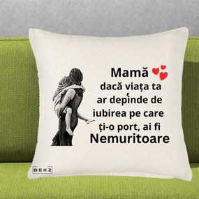 Cadou pentru Mama - Perna Personalizata Mama Nemuritoare Gravura Vintage, 40x40 cm, Crem Reliefat, Husa Detasabila, Perna Inclusa, BEKZ®