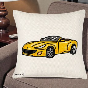 Perna Personalizata Masina Cabriolet Galbena Grafic, 40x40 cm, Crem Reliefat, Husa Detasabila, Perna Inclusa, BEKZ®
