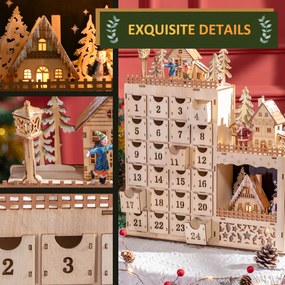 Calendar Advent de Craciun din lemn, cu lumini LED, pentru copii si adulti, natural HOMCOM | Aosom Romania