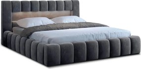 Pat matrimonial gri tapițat cu spațiu de depozitare cu somieră 180x200 cm Lamica – ELTAP