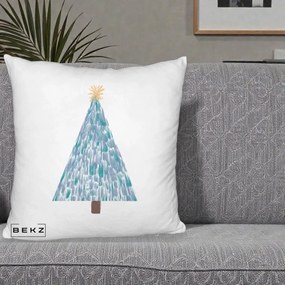 Perna Decorativa Brad de Craciun Acrilic Albastru, 40x40 cm, Alb Pufos, Husa Detasabila, Perna Inclusa, BEKZ®