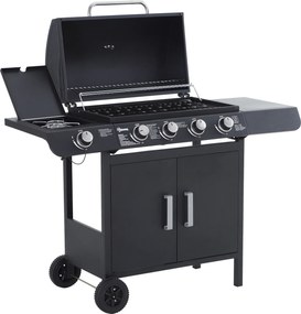 Outsunny Gratar pe Gaz cu 5 Arzatoare Rafturi Laterale si Dulap Inferior cu Usa, Gratar de Gradina cu Roti din Otel si PP, 125x51x100 cm, Negru