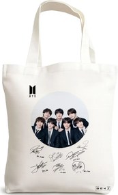 Sacosa de Panza pentru Cumparaturi, Geanta Tote, model BTS Army 8 cu semnaturii, 38x34.5 cm, Alba, BEKZ®