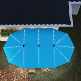 Outsunny Umbrelă dublă cu lumini solare, aluminiu, poliester, protecție UPF50+, rezistentă la UV, umbrelă pentru terasă, Albastru | Aosom Romania