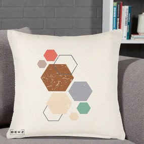 Perna Decorativa Geometric Hexagoane Multicolor, 40x40 cm, Crem Reliefat, Husa Detasabila, Perna Inclusa, BEKZ®