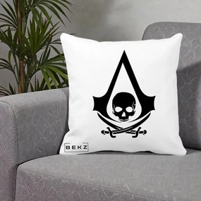Perna Personalizata Assassin's Creed Black Flag Skull, 40x40 cm, Alba Mata, Husa Detasabila, Perna Inclusa, BEKZ®