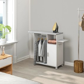 HOMCOM Dulap Multifuncțional cu Masă de Călcat | Blat din Tesatura Efect In | 3 Rafturi | Ghidaj pentru Agățat | 127x42.5x99 cm | Alb | Aosom Romania