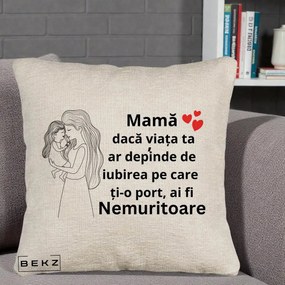 Cadou pentru Mama - Perna Personalizata Mama Nemuritoare cu Copilul in Poala, 40x40 cm, Bej Canapea, Husa Detasabila, Perna Inclusa, BEKZ®