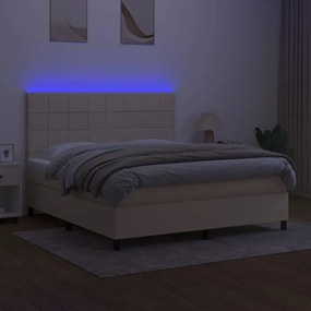 Pat cu arcuri, saltea si LED, crem, 160x200 cm, textil Crem, 160 x 200 cm, Cu blocuri patrate