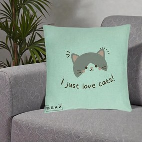 Perna Personalizata I Just Love Cats Pisica Kawaii, 40x40 cm, Verde Menta, Husa Detasabila, Perna Inclusa, BEKZ®