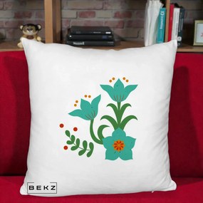 Perna Decorativa Flori Stilizate Folk Turcoaz, 40x40 cm, Alb Pufos, Husa Detasabila, Perna Inclusa, BEKZ®