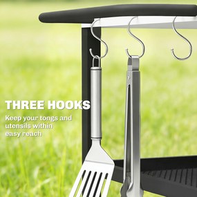 Outsunny Cărucior pentru grătar cu 3 niveluri mobil cu roți și frână Blat din oțel inoxidabil Raft reglabil Cârlige Negru | Aosom Romania