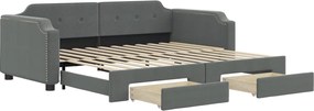 vidaXL Pat de zi cu extensie și sertare, gri închis, 90x200 cm textil