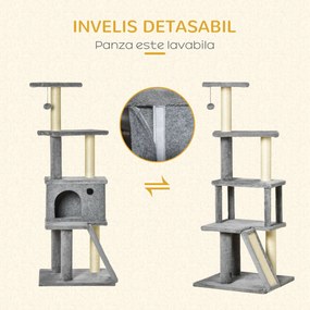 PawHut Copac pentru Pisici pe Mai Multe Niveluri cu Căsuță, Scară și Stâlpi din Sisal, Gri | Aosom Romania