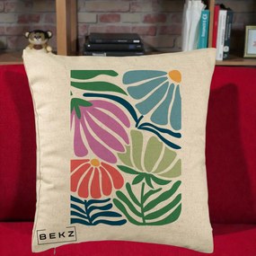 Perna Decorativa Flori Grafice Multicolore Modern, 40x40 cm, Bej, Husa Detasabila, Perna Inclusa, BEKZ®