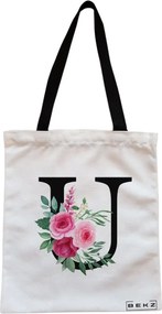 Sacosa de Panza pentru Cumparaturi, Geanta Tote, Cu litera U si Trandafiri, Cu fermoar, 38x34.5 cm, Alba, BEKZ®