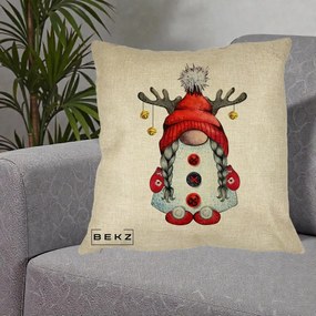 Perna Decorativa Pitic Gnom Craciun cu Coarne de Ren, 40x40 cm, Crem, Husa Detasabila, Perna Inclusa, BEKZ®