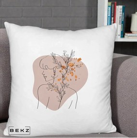 Perna Decorativa Femeie cu Flori Line Art Boho, 40x40 cm, Alb Pufos, Husa Detasabila, Perna Inclusa, BEKZ®
