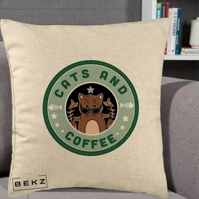 Perna Personalizata Cats and Coffee Starbucks, 40x40 cm, Bej, Husa Detasabila, Perna Inclusa, BEKZ®