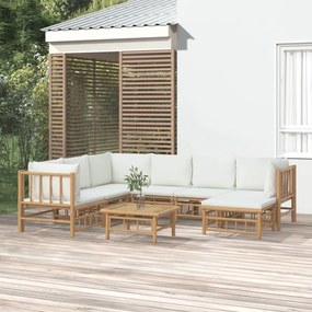 Set mobilier de gradina, cu perne alb crem, 8 piese, bambus