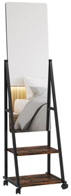 HOMCOM Oglindă pe picior rectangulară oglindă de sol cu unghi reglabil 2 rafturi 4 roți negru și maro rustic | Aosom Romania