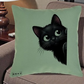 Perna Decorativa Pisica Neagra Dragalasa Curioasa, 40x40 cm, Verde, Husa Detasabila, Perna Inclusa, BEKZ®