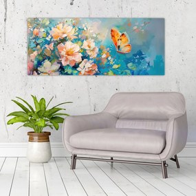 Tablou - Fluture și flori, pictură în ulei II. (120x50 cm)