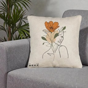 Perna Decorativa Portret Feminin Floare Portocalie, 40x40 cm, Bej Canapea, Husa Detasabila, Perna Inclusa, BEKZ®