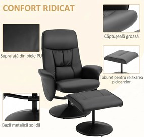 HOMCOM Fotoliu Relax Rotativ 360° din Metal și Piele Sintetică, cu Suport pentru Picioare, Spătar Reglabil, Negru | Aosom Romania