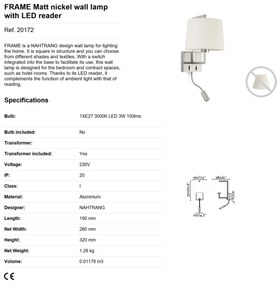 Aplica perete cu reader LED design clasic FRAME nickel/alb