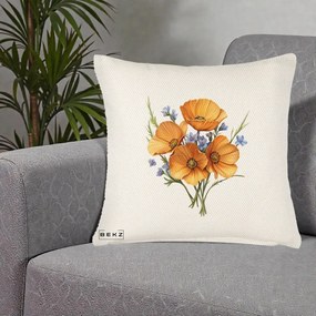 Perna Decorativa Maci Portocalii cu Floricele Albastre, 40x40 cm, Crem Reliefat, Husa Detasabila, Perna Inclusa, BEKZ®