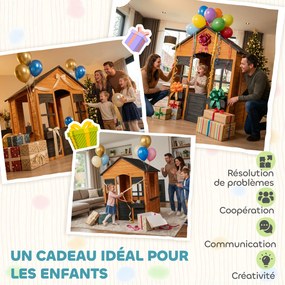 AIYAPLAY Căsuță pentru copii în aer liber din lemn, casă exterioară pentru copii, ușă pe jumătate, ferestre, jardiniere, 3-8 ani, maro deschis | Aosom Romania